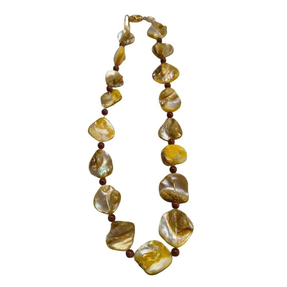Yellow Mother of Pearl Necklace Goldstone Beads & Ornate Gold-Tone Clasp - Picture 2 of 10